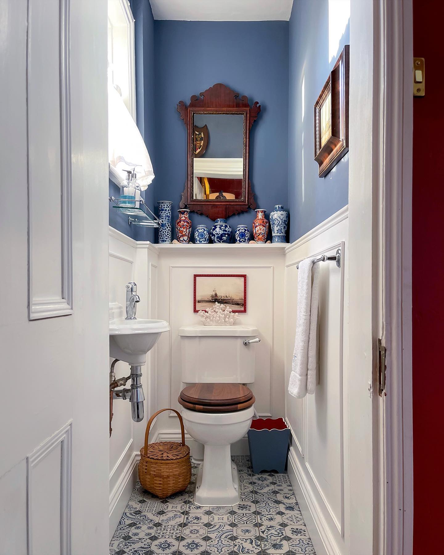 Blue And White Behind Toilet Decor